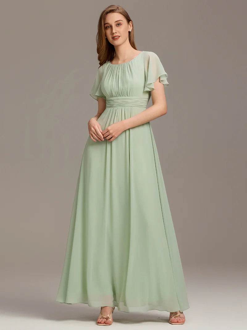 Pleated Bridesmaid Dress – Round Neck Elegant Gown for Weddings - Biamonde